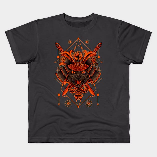 Orange and black illustration samurai cat Kids T-Shirt by TheDesigNook